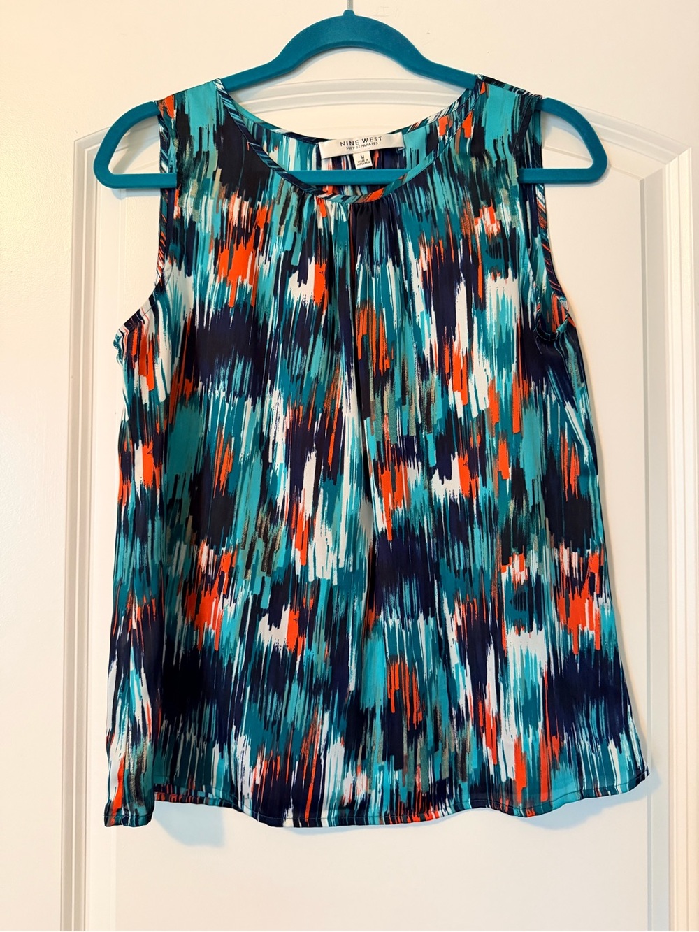 Nine West Teal Navy Orange Abstract Sleeveless Top